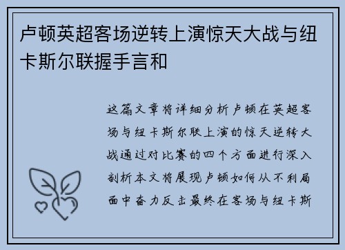 卢顿英超客场逆转上演惊天大战与纽卡斯尔联握手言和 卢顿英超客场逆转上演惊天大战与纽卡斯尔联握手言和